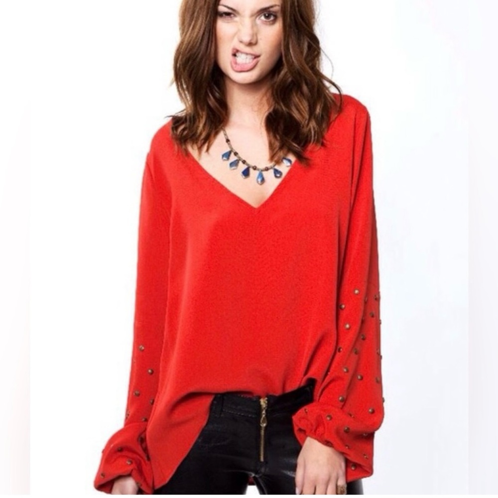For Love and Lemons V neck studded balloon sleeve blouse size medium